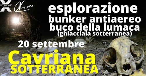 Cavriana Sotterranea – Apertura straordinaria del bunker antiaereo e il Buco della Lumaca – 20 sett Potrebbe essere un'immagine raffigurante il seguente testo "TREME NPLORA 小電 esplorazione bunker antiaereo buco della lumaca (ghiacciaia sotterranea) 20 settembre Çavriana SOTTERRANEA"