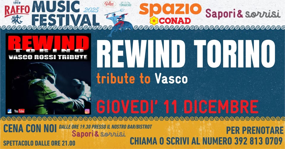 Cena + Spettacolo Tributo Vasco Potrebbe essere un'immagine raffigurante 1 persona e il seguente testo "Gallni TEMARCHIO spazio Sapori& sorrisi OCONAD 1919 RAFFO MUSIC 2025 FESTIVAL ေဖဖဖဖဖဖေဖပပါဖေ REWIND VASCO ROSSI TRIBUTE REWIND TORINO tribute to Vasco fYouTube Tube GIOVEDI' 11 DICEMBRE ж.иeKcaи CENA CON ΝΟι DALLEORE ORE 19.30 PRESSO IL NOSTRO BAR/BISTROT Sapori& sorrisi PER PRENOTARE SPETTACOLO DALLE ORE 21.00 CHIAMA O SCRIVI AL NUMERO 392 813 0709"