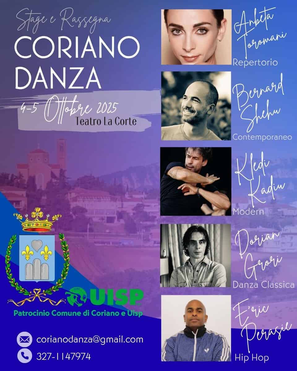 Coriano Danza Potrebbe essere un'immagine raffigurante 5 persone, persone che ballano e il seguente testo "Anbetpo oromani Stiye Rossegna CORIANO DANZA 4-5 Octre Teatro TeatroLaCorte La Corte 2025 Repertorio Berrard Shepar Contemporaneo Kld Kadu Modern -LOE Dorian Grori Danza Classica UISP Patrocinio Comune di Coriano PatrocinioComunediCorianoeUlsp e Uisp corianodanza@qmail.com 327- 327-1147974 F'aje yil Dorase Hip HipHop Hop"