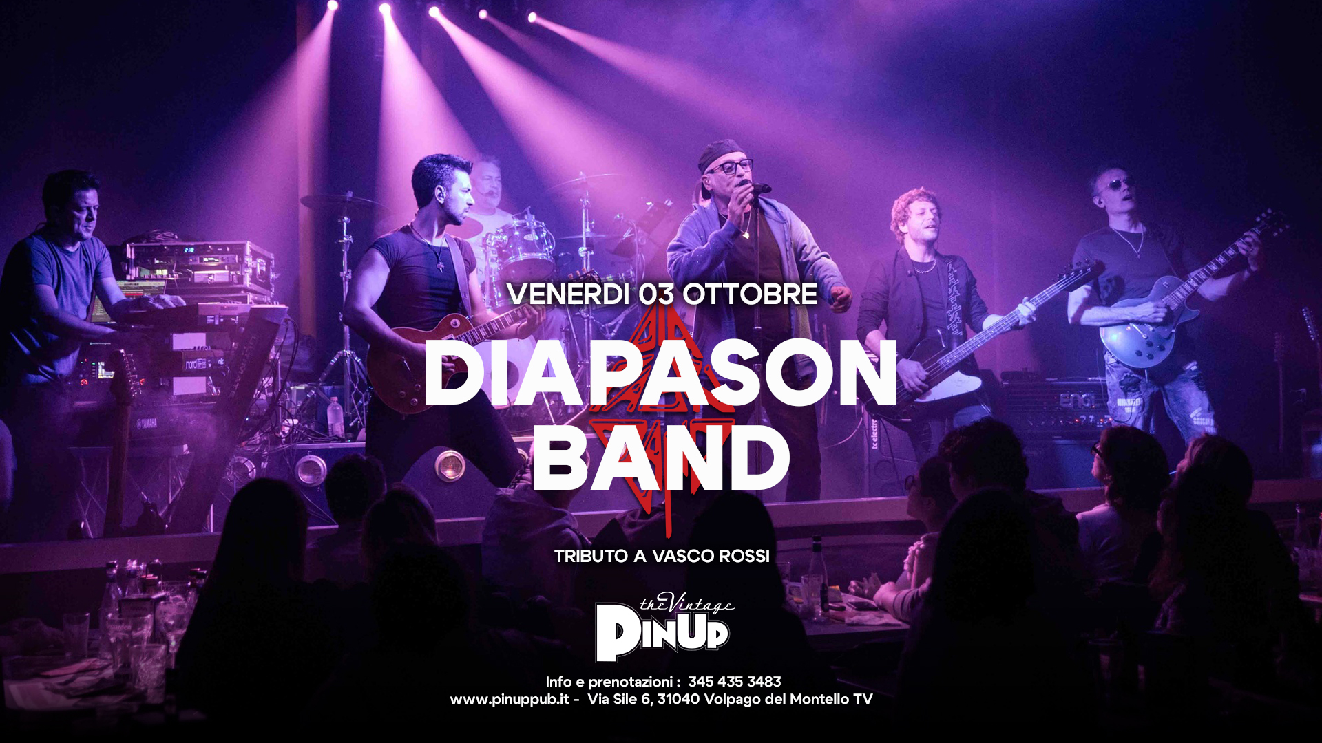 DIAPASONBAND – Tributo a Vasco Rossi – PinUp Pub Potrebbe essere un'immagine raffigurante 9 persone e il seguente testo "...し VENERDI 03 OTTOBRE 4N DIAPASON BAND TRIBUTOAVASCOROSSI VASCO ROSSI TRIBUTO enEVintape theViR படட்டடட DINUD INUP Info prenotazioni: 3454 435 3483 www.pinuppub.it- Via ww.h.pbpb/v/s35/s/. Sile 31040 Volpago del Montello TV"