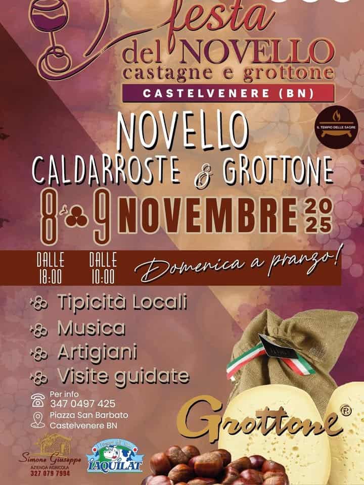 Potrebbe essere un'immagine raffigurante il seguente testo "LTEMPIODELLESACRE pesta del NOVELLO castagne e grottone CASTELVENERE (BN) NOVELLO CALDARROSTE GROTTONE 8கடு 9 NOVEMBRE 20 25 DALLE DALLE 18:00 10:00 Domenica a pranzo! Tipicità Locali Musica Artigiani Visite guidate Per info 3470497 347 0497 425 Piazza San Barbato Castelvenere BN Grottone® AZIENDA AZIENDAAGRICOLA 327 3270797994 IAQUILAT AO"