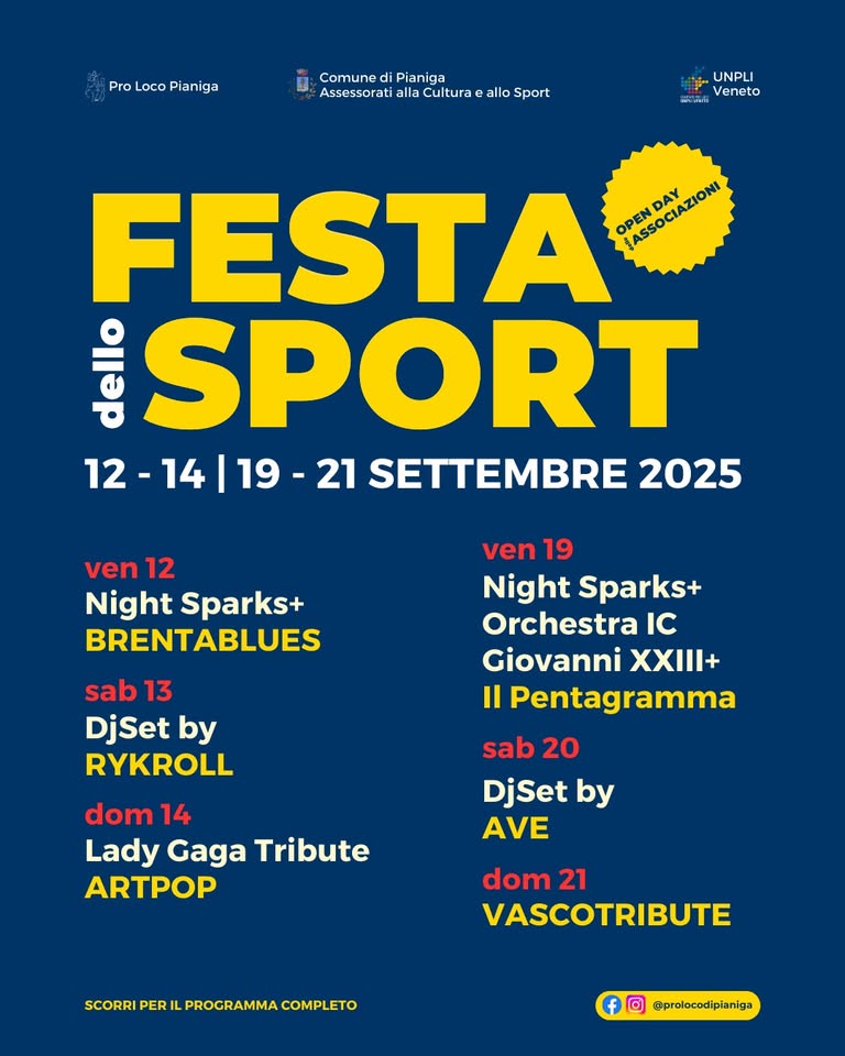 Evento Festa dello Sport – Open Day delle Associazioni Locandina Festa dello Sport – Open Day delle Associazioni - da venerdì 12 settembre - sabato 20 settembre 2025 ore 18:30 ore 00:00