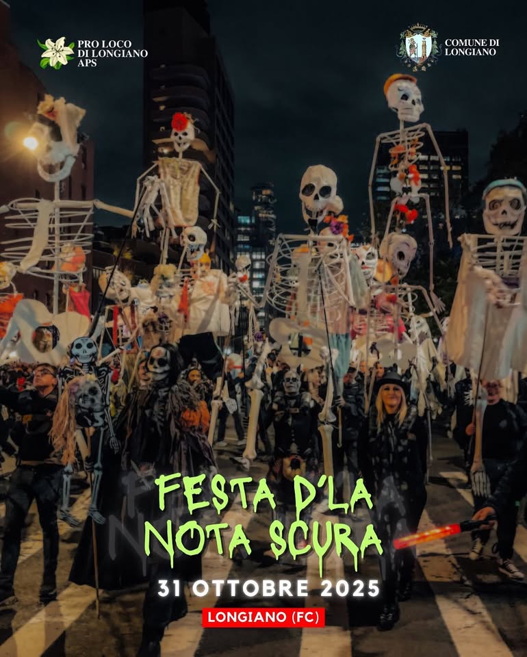 Potrebbe essere un'immagine raffigurante 2 persone e il seguente testo "PROLOCO DII LONGIANO PRO LOCO APS COMUNED COMUNEDI NE DI COM LONGIANO FESTA D'LA NOTA SCURA 31 E 2025 LONGIANO (FC"