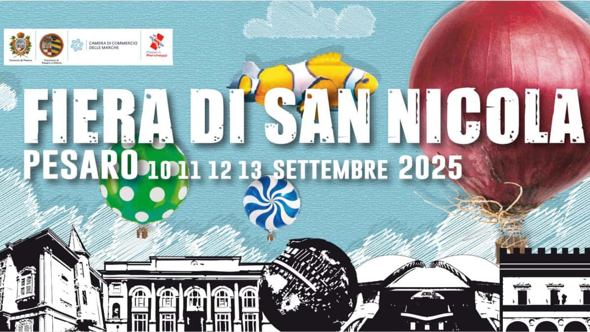 Fiera di San Nicola Potrebbe essere un'immagine raffigurante il seguente testo "יב DINUNSPN GERAOLIMERCIO DELLEM ELLEMARCHE CAMERAD AMERADICOMMERCIO DICOMMERCIO Parehesal NtageUtime FIERA DI SÁN NICOLA PESARO 1011 12 13 SETTEMBRE 2025"