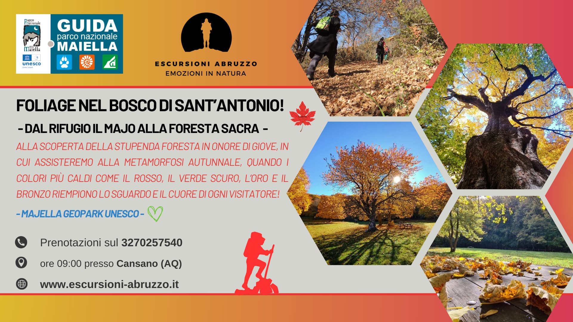 Foliage nel Bosco di Sant’Antonio: dal rifugio il Majo alla Foresta Sacra – Majella Geopark UNESCO Potrebbe essere un contenuto grafico raffigurante 2 persone, cervo e il seguente testo "Pulor maiella GUIDA parco nazionale MAIELLA unesco ESCURSIONI ABRUZZO EMOZIONI IN NATURA FOLIAGENELBOSCODISANTANTONIO! FOLIAGE BOSCO DI DISANT'ANTONIO! -DAL RIFUGIO MAJO ALLA FORESTA SACRA- ALLA SCOPERTADELLASTUPENDA SCOPERTA FORESTA IN ONORE GIOVE, IN CUI ASSISTEREMO ALLA METAMORFOSI AUTUNNALE, QUANDO COLORI PIU CALDI COME IL ROSSO, IL VERDE SCURO, L'ORO E IL LO SGUARDO EIL CUORE DI OGNI VISITATORE! -MAJELLA GEOPARKUNESCO GEOPARK Prenotazioni sul 3270257540 ore 09:00 presso Cansano (AQ) www.escursioni-abruzzo.it"