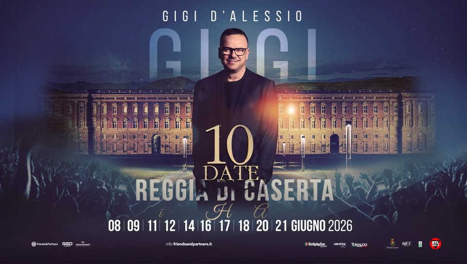 GIGI D’ALESSIO – REGGIA DI CASERTA // 9 giugno 2026 Potrebbe essere un'immagine raffigurante 1 persona, tromba e testo