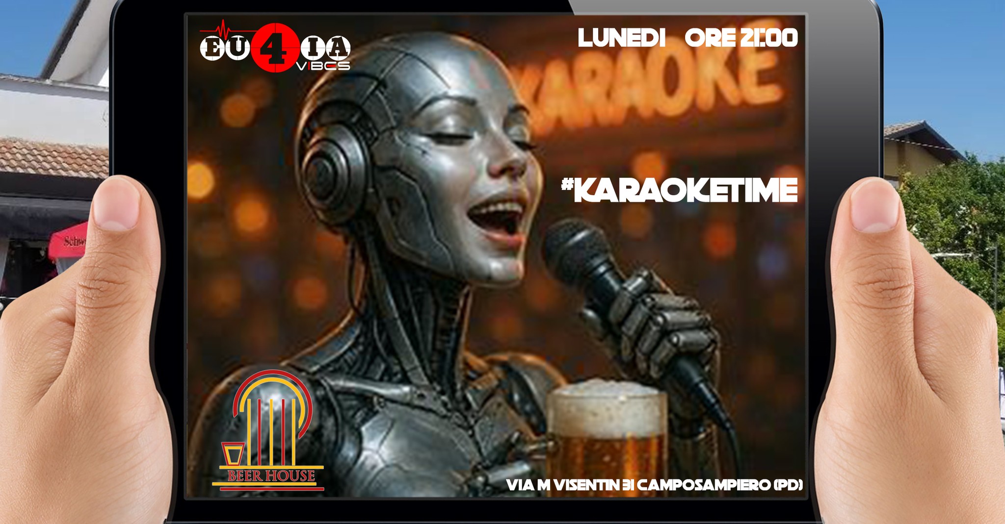 Potrebbe essere un'immagine raffigurante 2 persone e il seguente testo "GU 040A 4 VIBES DA LUNEDI ORE2100 ORE 2100 KARAORE Sclier #KARAOKETME IP BEERH BEERHOUSI BEERHOUSE GP VIA VIAMVISENTNAICAMPOSAMPIERO@DI M VISENTINE CAMPOSAMPIERO PDI"