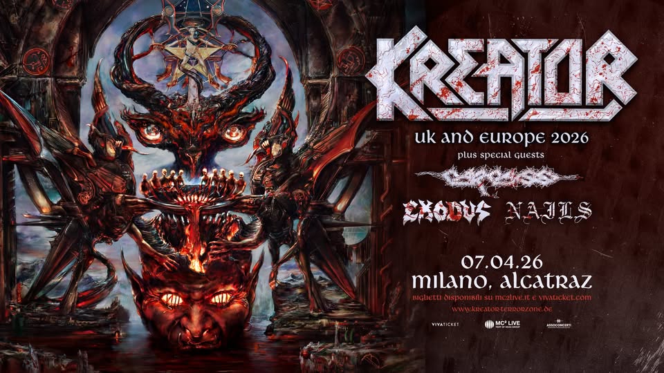 Kreator, Carcass, Exodus, Nails | Milano, Alcatraz Potrebbe essere un'immagine raffigurante testo