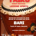 LEZIONE APERTA DI TAIKO A BARI Potrebbe essere un'immagine raffigurante strumento musicale e il seguente testo "TAIKO 0003396699 tamburi giapponesi LEZIONE APERTA Martedì 30 settembre ore 19.30 Martedì 30 settembre ore 20.30 BARI Teatro Di Cagno Abbrescia Prenotazione obbligatoria TAIKO E QUELLI PEL Info e Prenotazioni preno 3294160903"