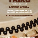 LEZIONE APERTA TAIKO PUTIGNANO Potrebbe essere un'immagine raffigurante il seguente testo "TAIKO tamburi giapponesi LEZIONE APERTA Martedì 23 settembre ore 19.30 Martedì 23 settembre ore 20.30 EX MACELLO PUTIGNANO (BA) Prenotazione obbligatoria 888880 QUELLEDEL QUELLI TAIKO PEL Info e Prenotazioni 3294160903"