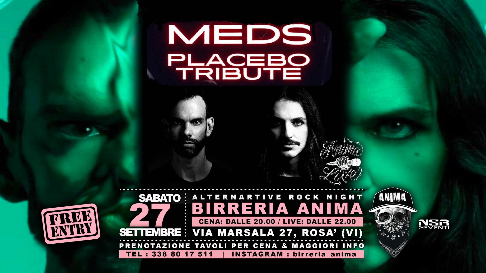 Potrebbe essere un'immagine raffigurante 4 persone e il seguente testo "MEDS PyCE TRIBUTE FREE ENTRY ANIMA SABATO ALTERNARTIVE ROCK NIGHT 27 BIRRERIA ANIMA CENA: DALLE 20.00 LIVE: DALLE 22.00 SETTEVBRE VIA MARSALA 27, ROSA' (VI PRENOTAZIONE TAVOLI PER CENA & MAGGIORI INFO TEL 338 80 TEL:3388017511 8017511 17 511 INSTAGRAM birreria_anima 깊규"