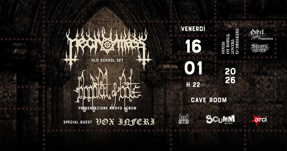 Necromass (Old School Set) + Handful Of Hate + Vox Inferi @ Scumm Cave Room • Ven 16/01 Potrebbe essere un'immagine raffigurante testo