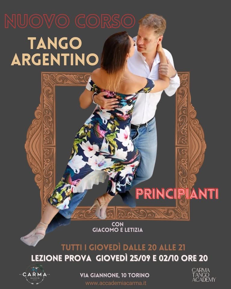 Evento Nuovo Corso Principianti di Tango Argentino con Giacomo & Letizia Locandina Nuovo Corso Principianti di Tango Argentino con Giacomo & Letizia - da giovedì 25 settembre - giovedì 2 ottobre 2025 ore 20:00 ore 21:00
