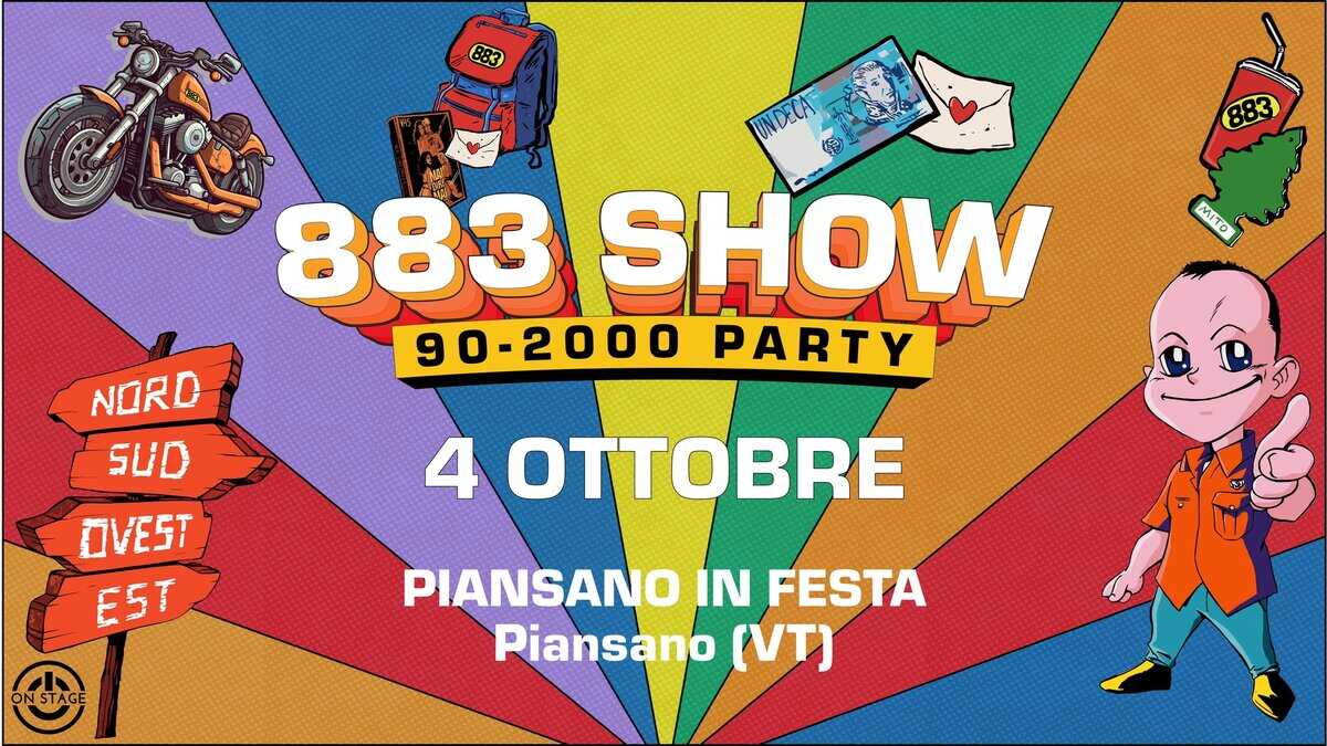 Potrebbe essere un contenuto di pop art raffigurante il seguente testo "883 UNDECA 883 SHOW 90-2000 PARTY MITO NORD SUD OVEST EST 4 E NSTAGE PIANSANO IN FESTA Piansano (VT)"