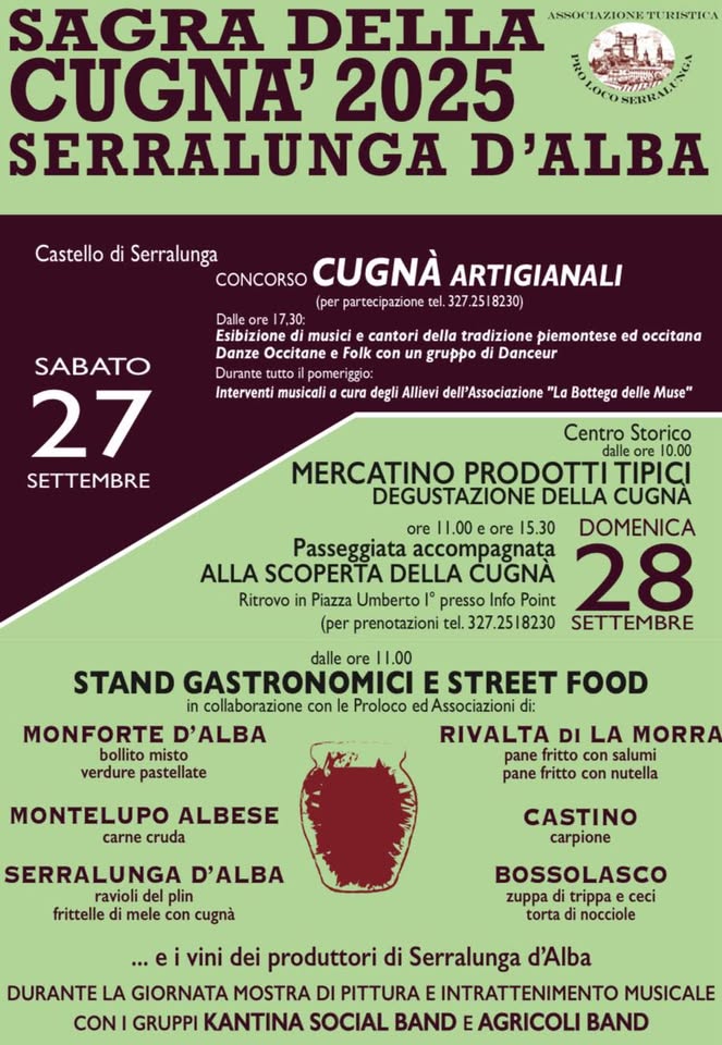 Evento Sagra Della Cugna’ – Serralunga D’alba Locandina Sagra Della Cugna’ – Serralunga D’alba - da sabato 27 settembre - domenica 28 settembre 2025 ore 17:00 ore 20:00