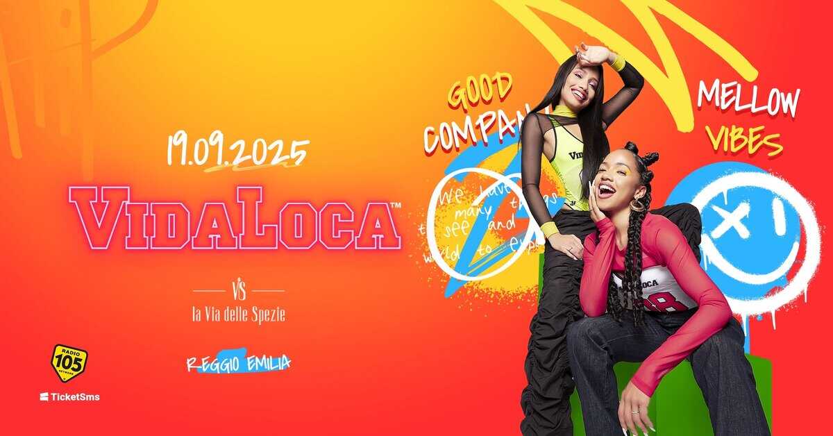 VIDALOCA® – REGGIO EMILIA – La Via Delle Spezie Potrebbe essere un contenuto grafico raffigurante 2 persone e il seguente testo "Vin MELLOW VIBES we avo mary see and GOOD 19.09.2025 COM VIDALOCA vs- la laViadelleSpezie Via delle Spezie 105 4 TicketSms OCA REGGIO R EMILIA"