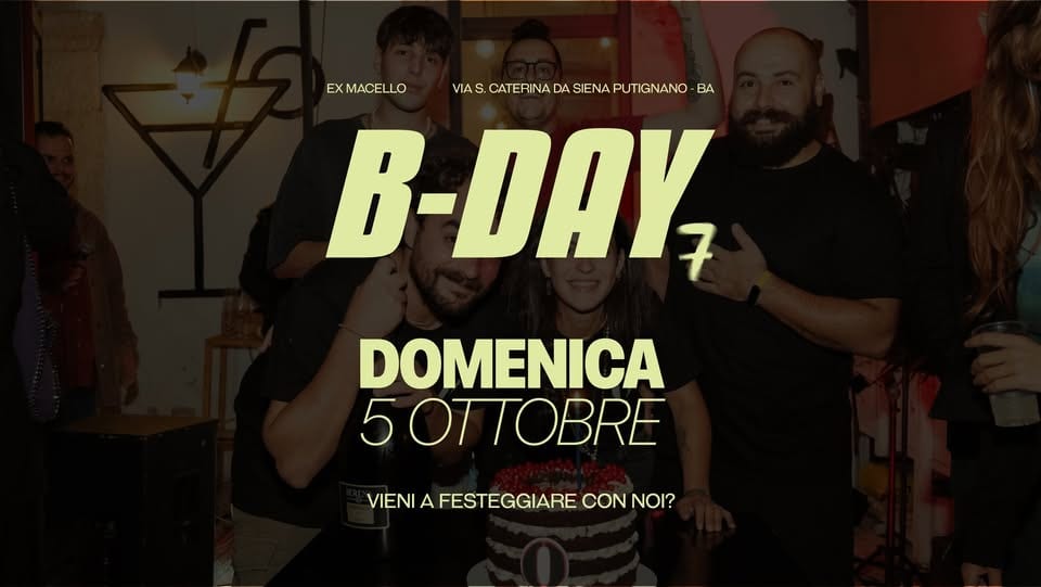 Potrebbe essere un'immagine raffigurante 5 persone, bevanda e il seguente testo "EX MACELLO VIA CATERINA DA SIENA VAS.CATERIVA.DASIENAPUTIGNANO PUT UTIGNANO BA B-DAY DOMENICA 5 50TTOBRE VIENI A FESTEGGIARE CON NOI?"