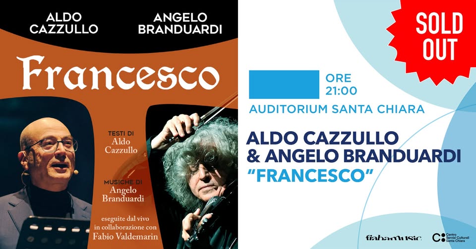 ALDO CAZZULLO & ANGELO BRANDUARDI | Auditorium Santa Chiara, Trento Potrebbe essere un disegno raffigurante tromba e il seguente testo "ALDO CAZZULLO ANGELO BRANDUARDI 01/04 Francesco ORE 21:00 AUDITORIUM SANTA CHIARA TESTI DI Aldo Cazzullo MUSICHE Angelo Branduardi ALDO CAZZULLO & ANGELO BRANDUARDI "FRANCESCO" eseguitedalvivo eseguite dal vivo collaborazione coл Fabio Valdemarin fiahanlı ISic: Cantra SartaChara itural Sen"