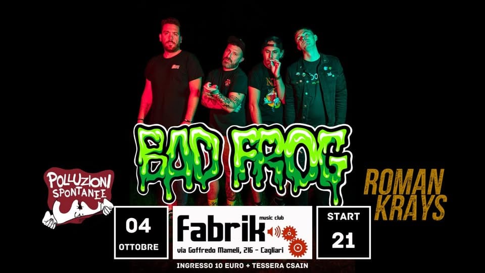 Potrebbe essere un'immagine raffigurante ‎4 persone e ‎il seguente testo "‎１区 so POLLUZION/ SPONTANEE الزاليد BAD RADER 買神 ROMAN KRAYS 04 Fabrik music club START OE via Goffredo Mameli, 216 Cagliari INGRESSO 10 EURO 21 TESSERA CSAIN‎"‎‎