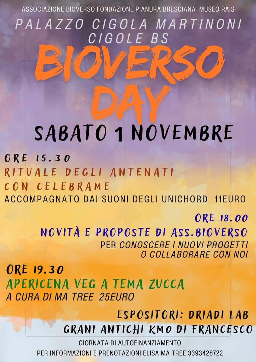 Bioverso day 1 novembre, rituale + banchetto Potrebbe essere un'immagine raffigurante il seguente testo "ASSOCIAZIONE BIOVERSO FONDAZIONE PIANURA BRESCIANA MUSEO RAIS PALAZZO CIGOLA MARTINONI CIGOLE BS BIOVERSO DAY SABATO ABATO1NOVEM NOVEMBRE ORE 15.30 15. RITUALE DEGLI ANTENATI CON CELEBRAME DAI SUONI DEGLI UNICHORD 11EURO ORE 18.00 NOVITÀ' E PROPOSTE DI ASS.BIOVERSO PER CONOSCERE NUOVI PROGETTI 0 COLLABORARE CON NOI ORE 19.30 APERICENA VEG A TEMA ZUCCA A CURA DI MA TREE 25EURO ESPOSITORI: DRIADI GRANI ANTICHI KMO DI FRANCESCO GIORNATA DI AUTOFINANZIAMENTO PER INFORMAZIONI E PRENOTAZIONI ELISA MA TREE 3393428722"