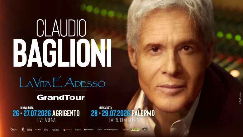 CLAUDIO BAGLIONI | Palermo @Teatro di Verdura Potrebbe essere un'immagine raffigurante 1 persona e il seguente testo "CLAUDIO BAGLIONI LAVTAE ADE ADESSO SSO GrandTour NUOVA DATA 26 6-27.07.2026 AGRIGENTO LIVEARENA LIVE ARENA のミ UIEAIIM NUOVA 8-29.07.2026PALERMO DATA 28 29.07.2026 PALERMO TEATRODIVERDURA TEATRODI VERDURA Bwaie ไฟยุนน"