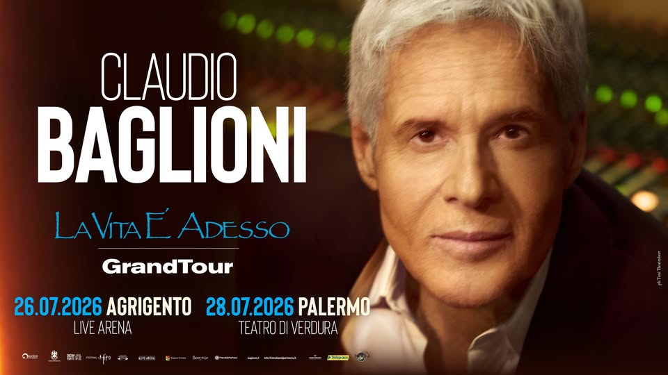 CLAUDIO BAGLIONI | Palermo @Teatro di Verdura Potrebbe essere un'immagine raffigurante 1 persona e il seguente testo "CLAUDIO BAGLIONI LAVITAE ADESSO GrandTour 26.07.2026 AGRIGENTO LIVE LIVEARENA ถ 味 學量 十 Uhieins 28.07.2026 PALERMO TEATRO TEATRODIVERDURA DI VERDURA ুদਦ 3HpomKa eskanigamasi THapaиe"
