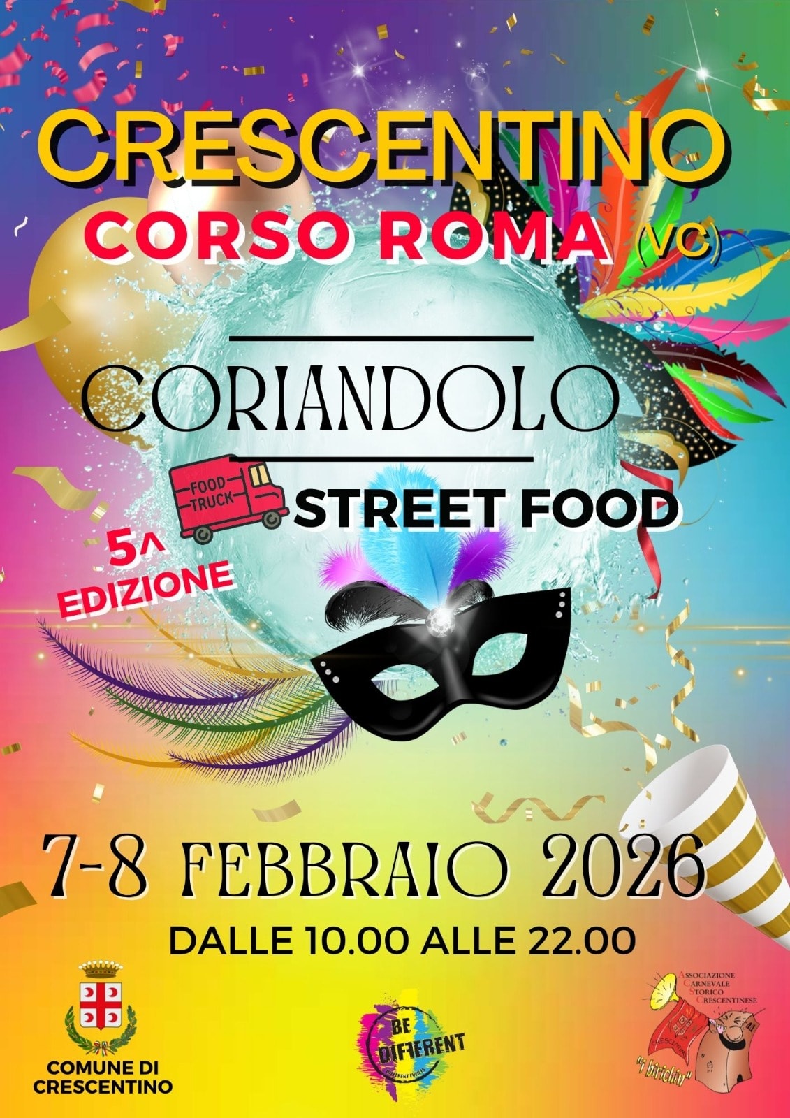 CRESCENTINO (VC) Coriandolo Street Food 5^ edizione Potrebbe essere un'immagine raffigurante il seguente testo "CRESCENTINO CORSO ROMA (VC ORIANDOL FOOD TRUCK EDIZIONE 5^ STREET FOOD نی 7-8 FEBBRAIO 2026 DALLE 10.00 ALLE 22.00 GP COMUNE DI CRESCENTINO SSOCIAZIOINE ARNEVALE BE FERENT ge hdiy"