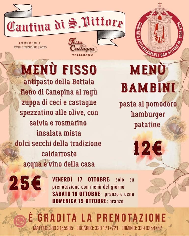 Evento Festa della Castagna – Weekend 17 – 18 – 19 Locandina Festa della Castagna – Weekend 17 – 18 – 19 - da venerdì 17 ottobre - domenica 19 ottobre 2025 ore 20:00 ore 16:00
