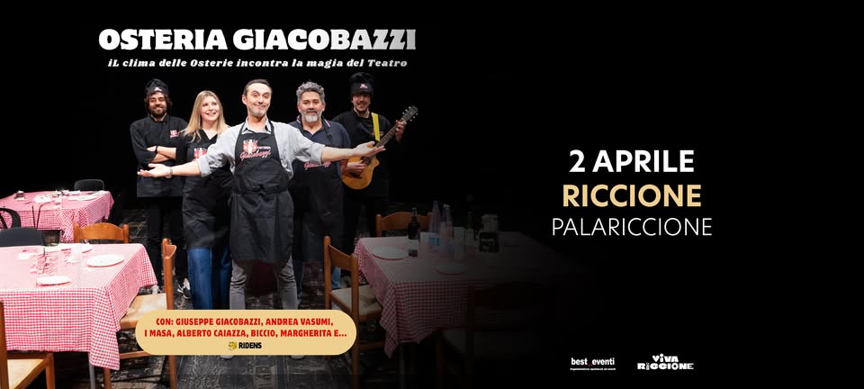 Giacobazzi – 02.04.26 – Riccione, Palariccione Potrebbe essere un'immagine raffigurante 5 persone, pasta e il seguente testo "OSTERIA STERIAGIACOBAZZI GIACOBAZZI IL clima delle Osterie incontra magia del Teatro 2 APRILE RICCIONE PALARICCIONE CON: GIUSEPPE GIACOBAZZI. ANDREA :,, ANDREAVASUNI. ASUNI, MASA,ALBERTO MASA, IMAS,ALUERTCAZA,BIOAG. ALBERTO CALAZZA, BuCC, MARGHERITA E... E.. WRIDENS vivn 日早あ best_ ( evonti ΑyΟΘЮοΝΕ"