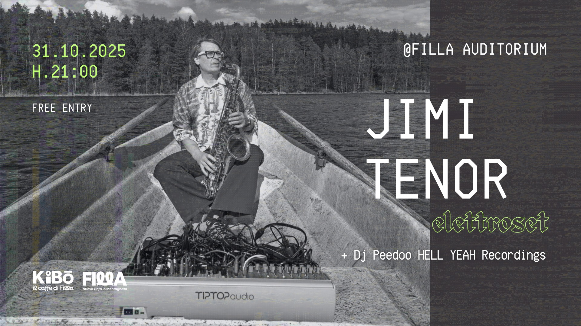 Jimi Tenor elettroset @Filla Auditorium 🎷✨ Potrebbe essere un'immagine raffigurante testo