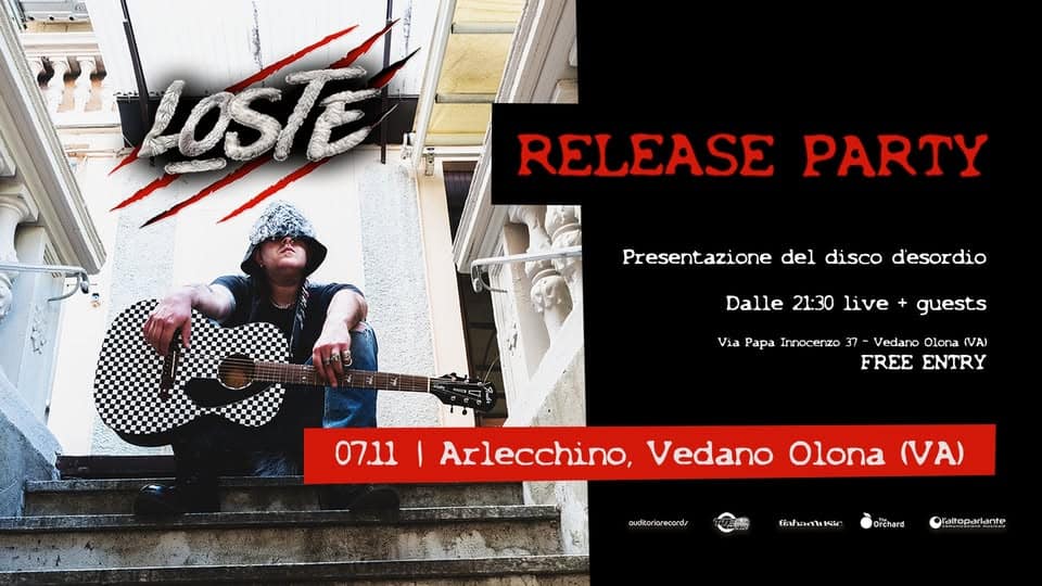 Potrebbe essere un'immagine raffigurante ‎il seguente testo "‎Snta LOSTER LOSLE RELEASE PARTY Presentazione del disco d'esordio Dalle 21:30 live guests Via Papa Innocenzo 37 Vedano Olona (VA) FREE ENTRY 07.11 ۱ Arlecchino, Vedano Olona (VA) ouditoriorecords พิวปษษาท19ล0 عثة: orchard Mopante‎"‎