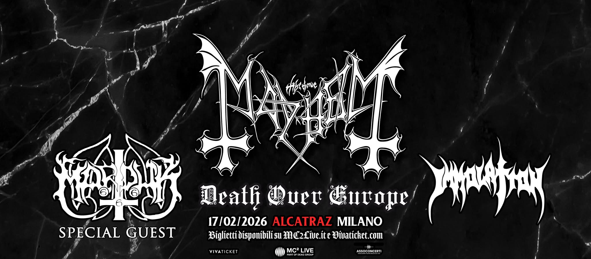 Mayhem – Death Over Europe + Marduk (War metal old school set) + Immolation | Milano, Alcatraz Potrebbe essere un'immagine raffigurante testo