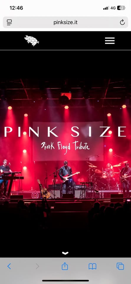 Pink Size Live @ Sagra del Pan-Zal – San Vito al Tagliamento, PN Potrebbe essere un'immagine raffigurante il seguente testo "12:46 을 4G pinksize.it PI.NK PI.N PINKSIZE κ SIZE Rink Floyd FloydTribute Tribute 10I"