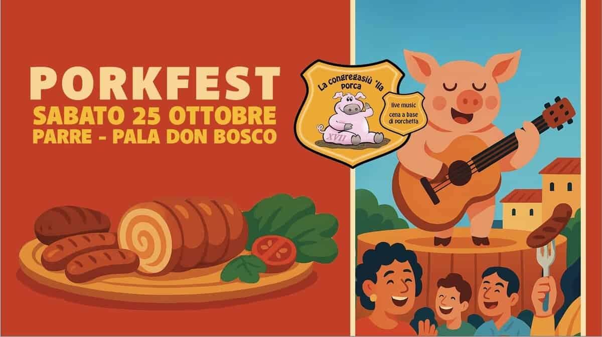 Pork Fest Potrebbe essere un'immagine raffigurante il seguente testo "Laconererasio porca lla congregasiu PORKFEST SABATO 25 OTTOBRE PARRE PALA DON BOSCO live nusic cena base diporcherta ex ட XVIL ๔๑ จี"