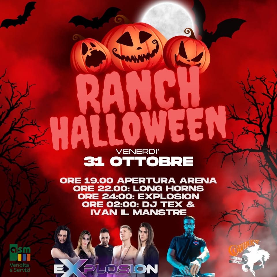 Potrebbe essere un'immagine raffigurante 6 persone e il seguente testo "ลปันมีน RANCH HALLOWEEN VENERDI' 31 OTTOBRE ORE 19.00 APERTURA ARENA ORE 22.00: LONG HORNS ORE 24:00: EXPLOSION ORE 02:00 DJ TEX & IVAN IL MANSTRE PLOSION HEDRE"