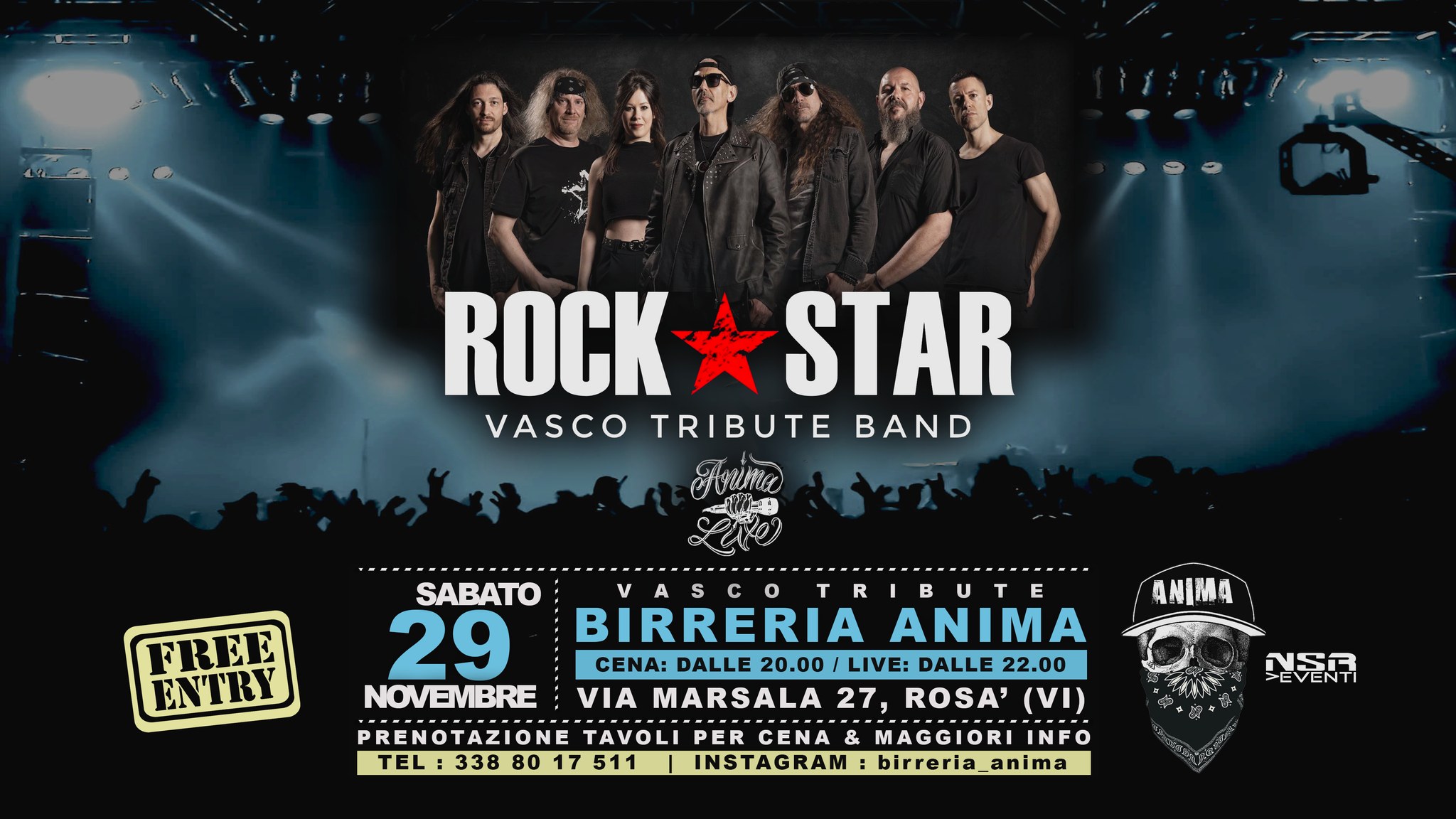 ROCK STAR – Vasco tribute @ANIMA(Cena + Live) Potrebbe essere un'immagine raffigurante chitarra e il seguente testo "ROCK STAR VASCO Tribute Band FREE ENTRY ANIMA SABATO B T 29 BIRRERIA ANIMA CENA: DALLE 20.00 LIVE: DALLE 22.00 NOVEMBRE VIA MARSALA 27 ROSA' (VI) PRENOTAZIONE TAVOLI PRENOTAZIONETAVOLIPER PER CENA& MAGGIORI INFO TEL 338 80 8017511 TEL:3388017511 17 511 INSTAGRAM: birreria_anima 걷들규"