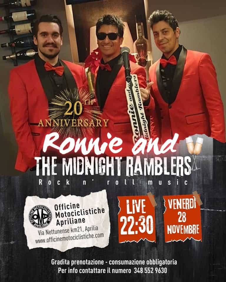 RONNIE AND THE MIDNIGHT RAMBLERS Potrebbe essere un'immagine raffigurante bevanda, chitarra e il seguente testo "and:: ン Ramblers 20 김살 20 ANNIVERSARY A Ronnie and THE MIDNIGHT RAMBLERS Rock n οι music DOInCIa 心 Motociclistiche Officine PANILZANE Apriliane wwwwfficinemotociclistiche.com Via Nettunense km21, Aprilia LIVE 22:30 VENERDİ 28 NOVEMBRE Gradita prenotazione consumazione obbligatoria Per info contattare il numero 348 552 9630"