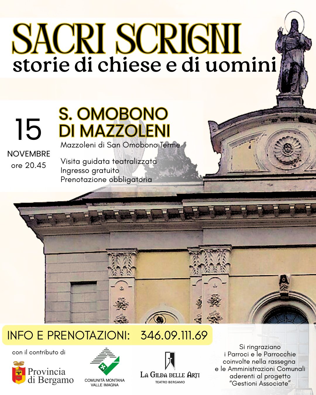 Evento “Sacri scrigni” – Visita guidata teatralizzata alla chiesa di Mazzoleni Locandina “Sacri scrigni” – Visita guidata teatralizzata alla chiesa di Mazzoleni - sabato 15 novembre ore 14:30 - 16:30