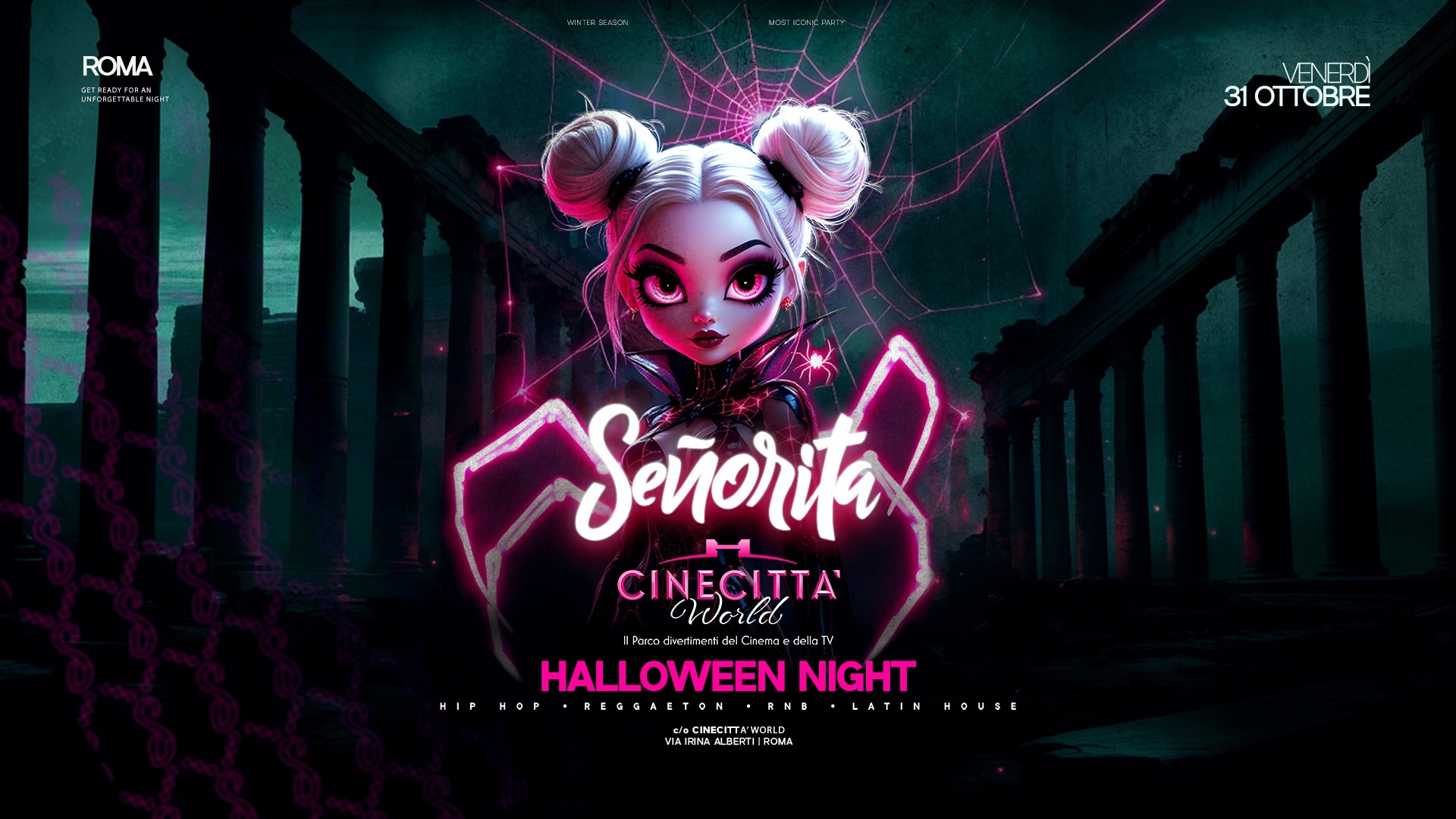 Señorita • 31.10 • Cinecittà World • Halloween Night Potrebbe essere un contenuto di pop art raffigurante testo