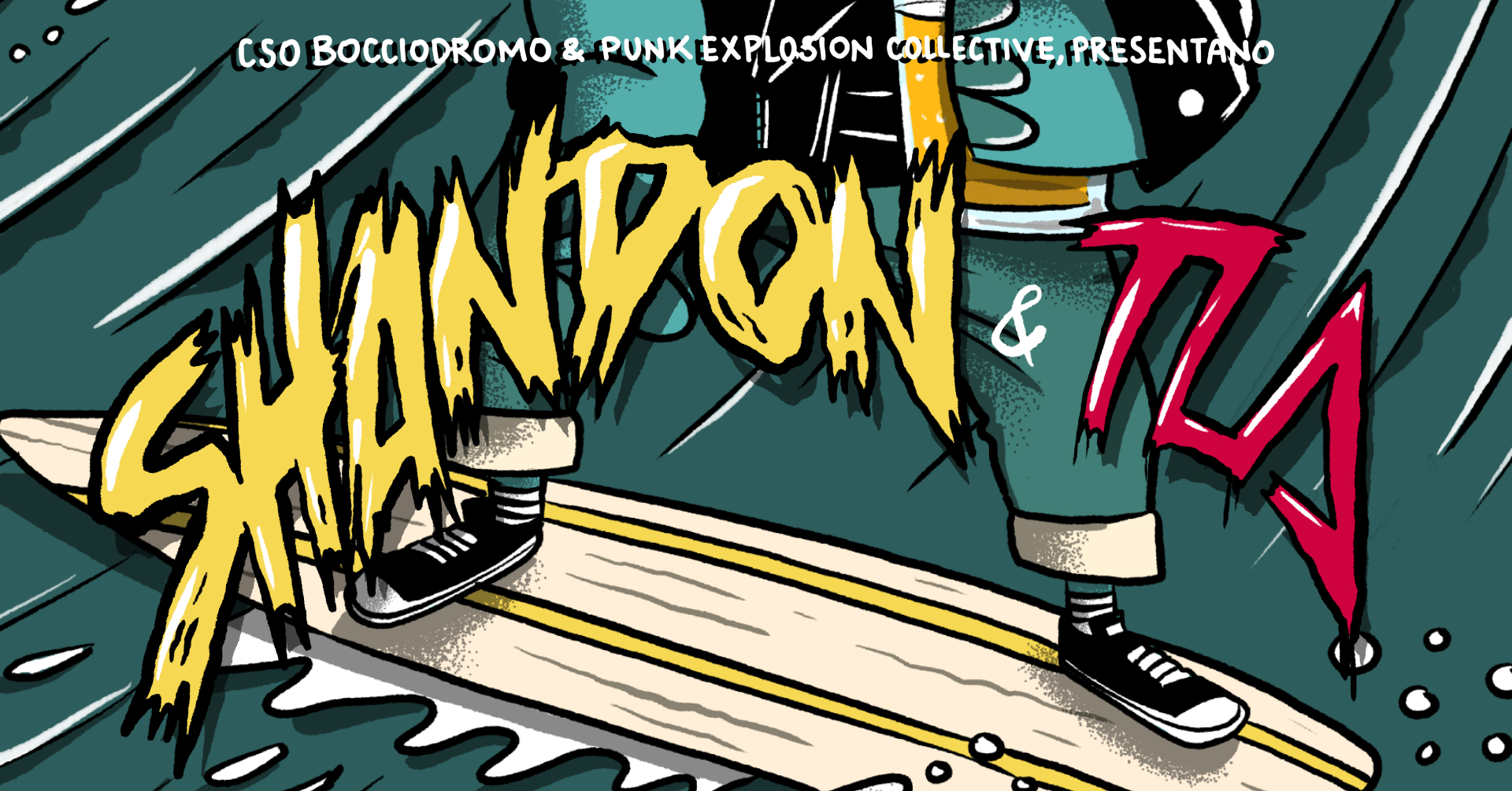 Potrebbe essere un'illustrazione raffigurante ‎skateboard, tavola da surf e ‎il seguente testo "‎cso BOCCIODROMO & PUNKEXPLOSION COLLECTIVE, COLLE PRESENTANO س IINPON 1=13 & ቁ‎"‎‎