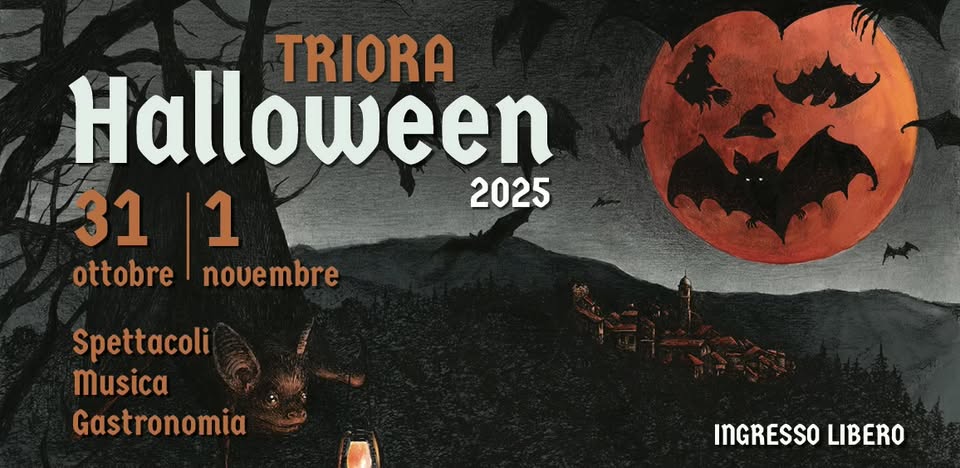 Triora Halloween 2025 Potrebbe essere un'immagine raffigurante il seguente testo "TRIORA Halloween 31 1 2025 ottobre novembre Spettacoli Musica Gastronomia INGRESSO INGRESSOLIBERO LIBERO"
