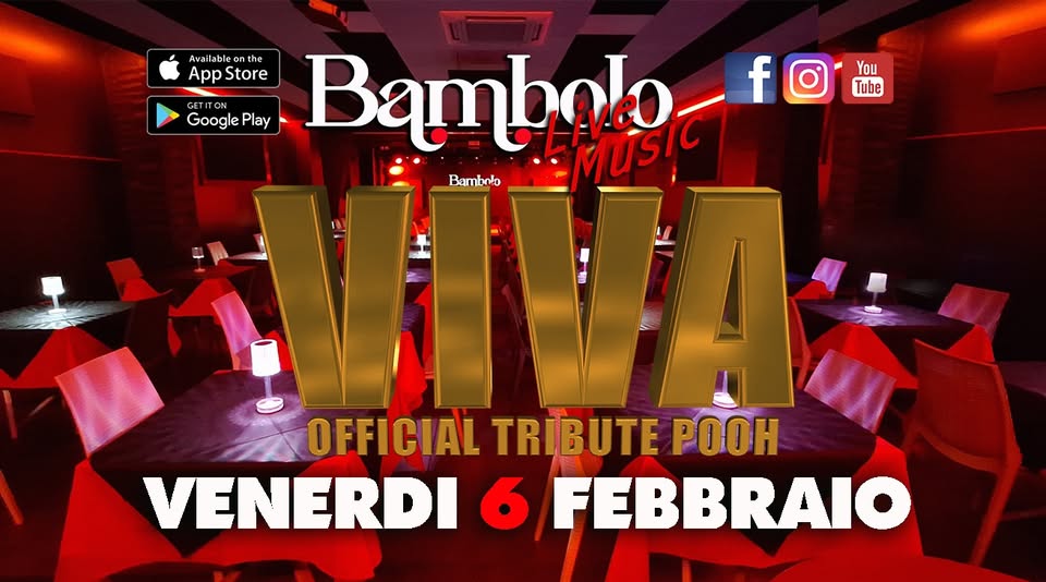 VIVA POOH Tribute Full Band Potrebbe essere un'immagine raffigurante il seguente testo "Avail co ν lab vailableonth Ar onthe the You App Store Google Play Bambnlo পিয্গর fo f Tube GE GETITON Bambnto OFFICIAL TRIBUTE POOH VENERDI 6 FEBBRAIO"