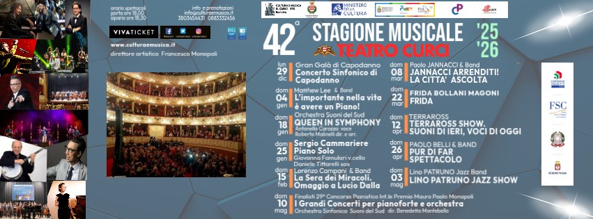 Evento 42a Stagione Musicale 2025/2026 – Teatro Curci Locandina 42a Stagione Musicale 2025/2026 – Teatro Curci - da lunedì 29 dicembre 2025 - domenica 10 maggio 2026 ore 18:30 ore 21:30