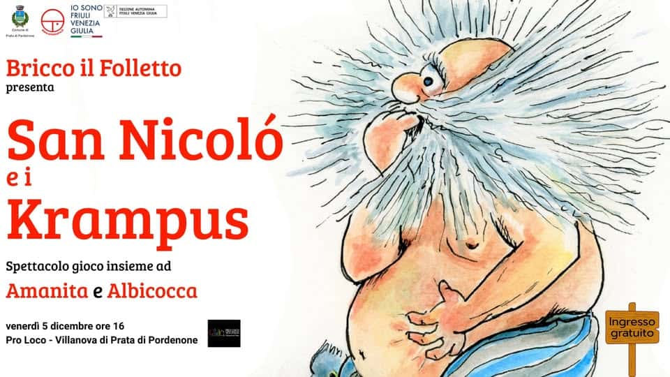 A Prata di Pordenone Bricco il Folletto presenta San Nicoló e i Krampus Potrebbe essere un'immagine raffigurante il seguente testo "10 ONO FRIULI VENEZI VENEZIA GIULIA ΕΕΛH FRDZE RT สอ Pandetoo u Bricco il Folletto presenta San Nicoló ei Krampus Spettacolo gioco insieme ad Amanita e Albicocca venerdì dicembre ore 16 Pro Loco Villanova di Prata di Pordenone Ingresso gratuito"