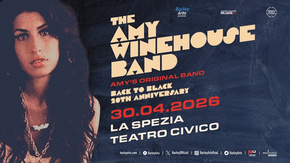 Potrebbe essere un'immagine raffigurante il seguente testo "Arts BLUES Civico TO oфa E HINCHO AMY BAND BAND AMY'S ORIGINAL BLACK BACK 30.04.2026 .2026 20TH TO ANNIVERSARY LA TEATRO SPEZIA CIVICO BarleyOfficial barleyarls.com COm BarleyArts @ BarleyArtsReal BarleyArts 山ら 20820 assomusica asso tapou"