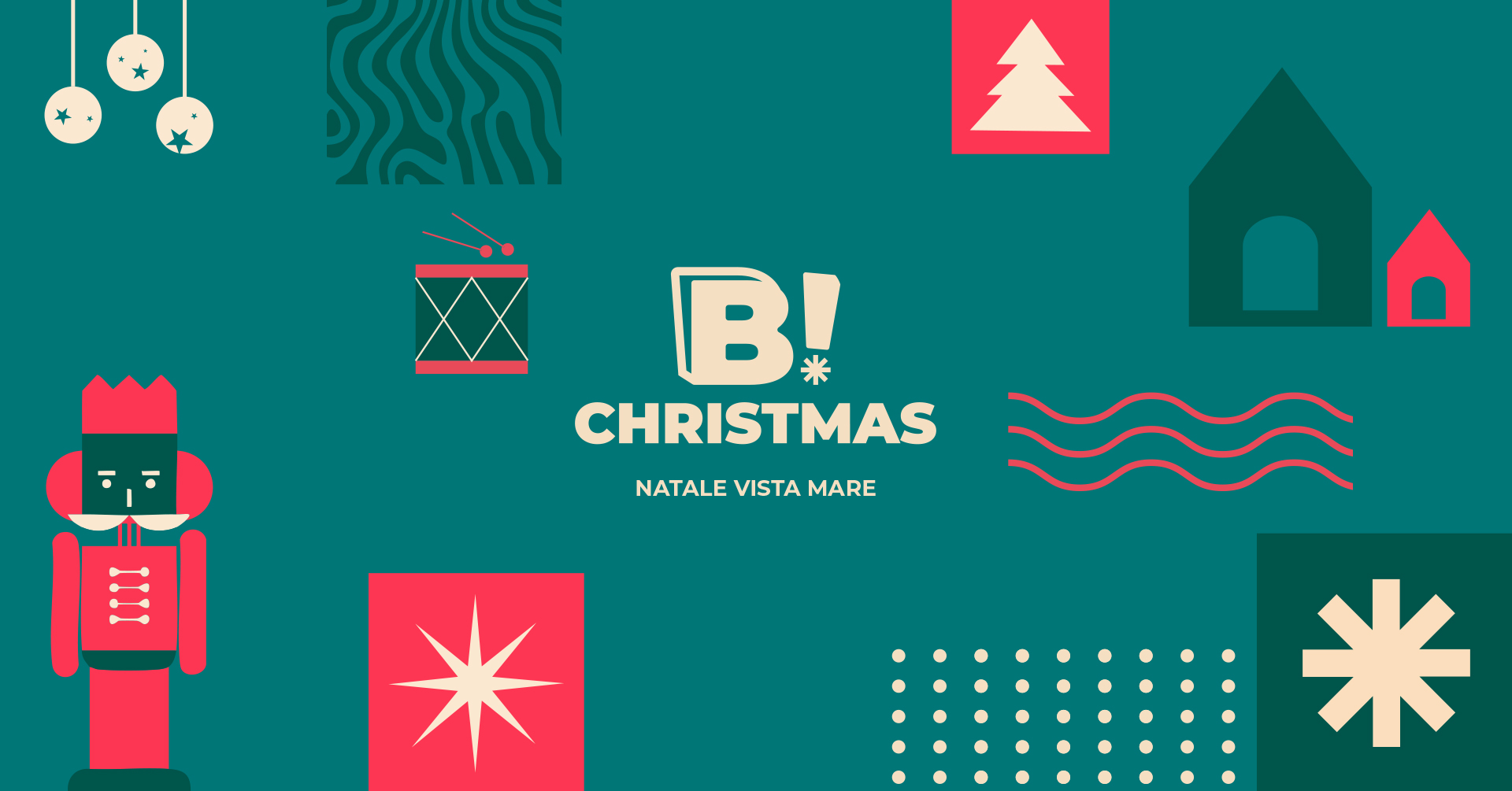 Potrebbe essere un'illustrazione raffigurante albero di Natale, biscotto allo zenzero e il seguente testo "金 B! CHRISTMAS NATALE VISTA MARE * *"