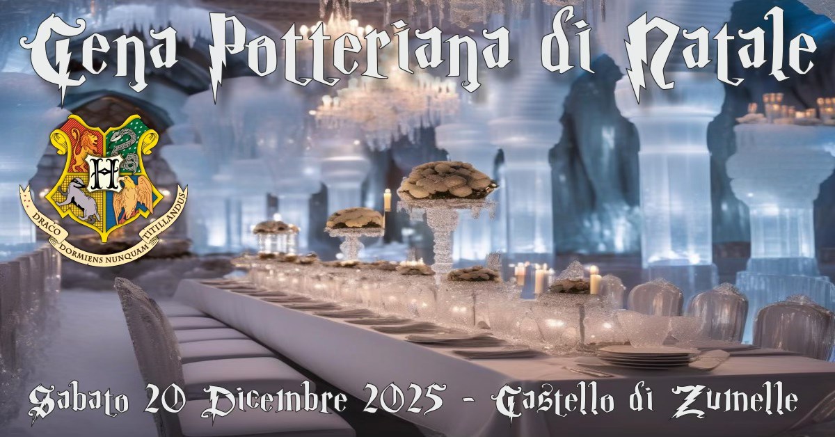 🪄🎄 CENA POTTERIANA NATALIZIA – CASTELLO DI ZUMELLE 🎄🪄 Potrebbe essere un'immagine raffigurante il seguente testo "na Potteria ทุธ di natale DRACO 滿 DORMINS DORMIENS NUNQUAN NUNQUAM abato 20 Diceinbre 2025 di Zuinelle"