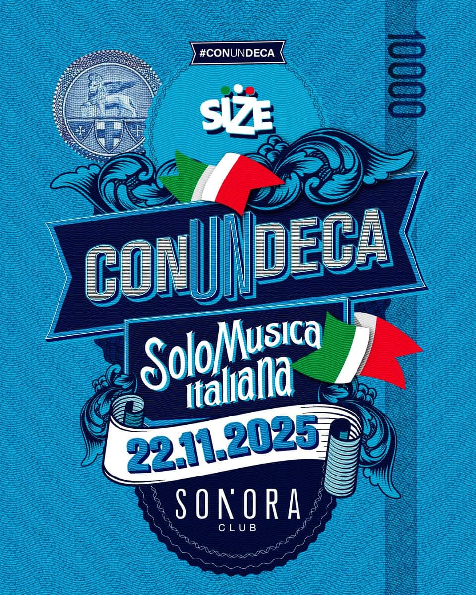 Potrebbe essere un'immagine raffigurante il seguente testo "#CONU #CONUNDECA INDECA SİŻE 80 എയ CONUNDECA DECA SoloMusica Italiana 22.11.2025 22.11.2025 SONORA CLUB"