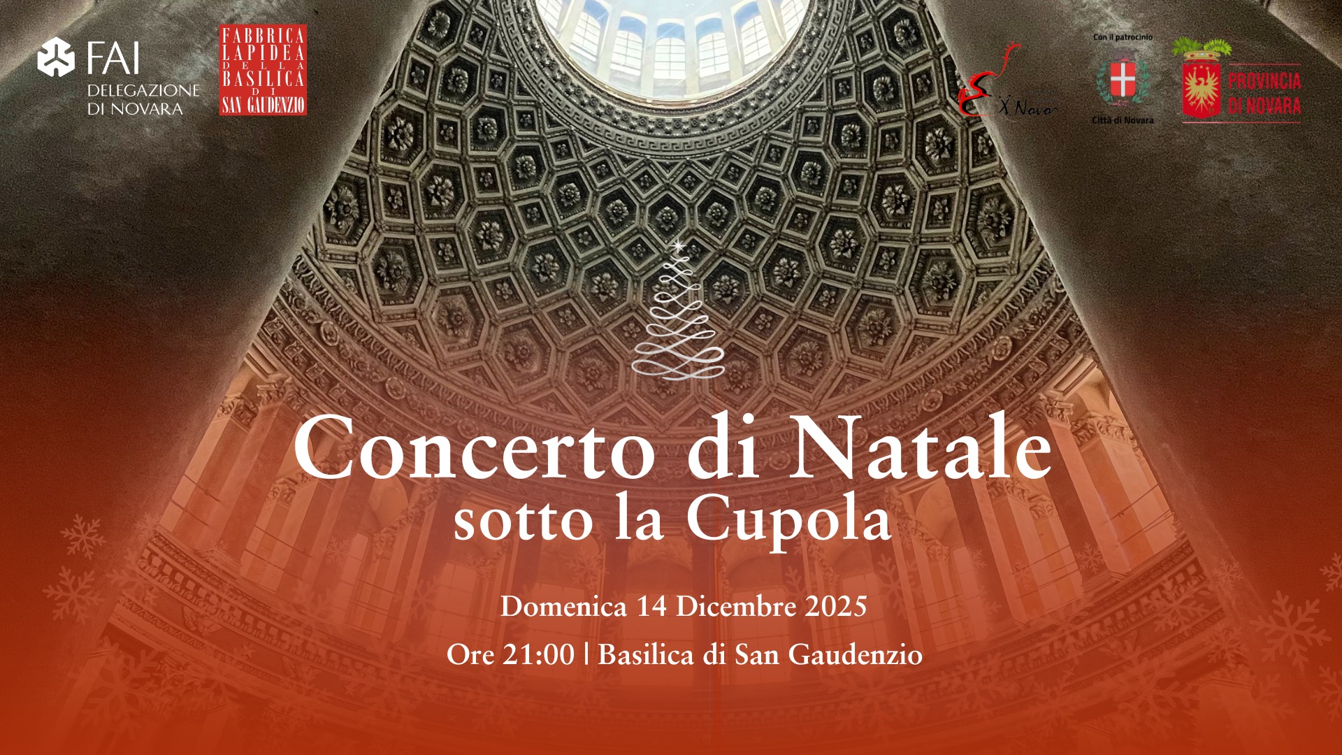 Concerto di Natale sotto la Cupola Potrebbe essere un'immagine raffigurante clarinetto e il seguente testo "FAI DELEGAZIONE HASILICA SI DINOVARANICUENI DI NOVARA SI EGAEDENZ.IO + ን PROVINCIA DINOVARA Concerto di Natale sotto la Cupola Domenica 14 Dicembre 2025 Ore 21:00 Basilica di San Gaudenzio"