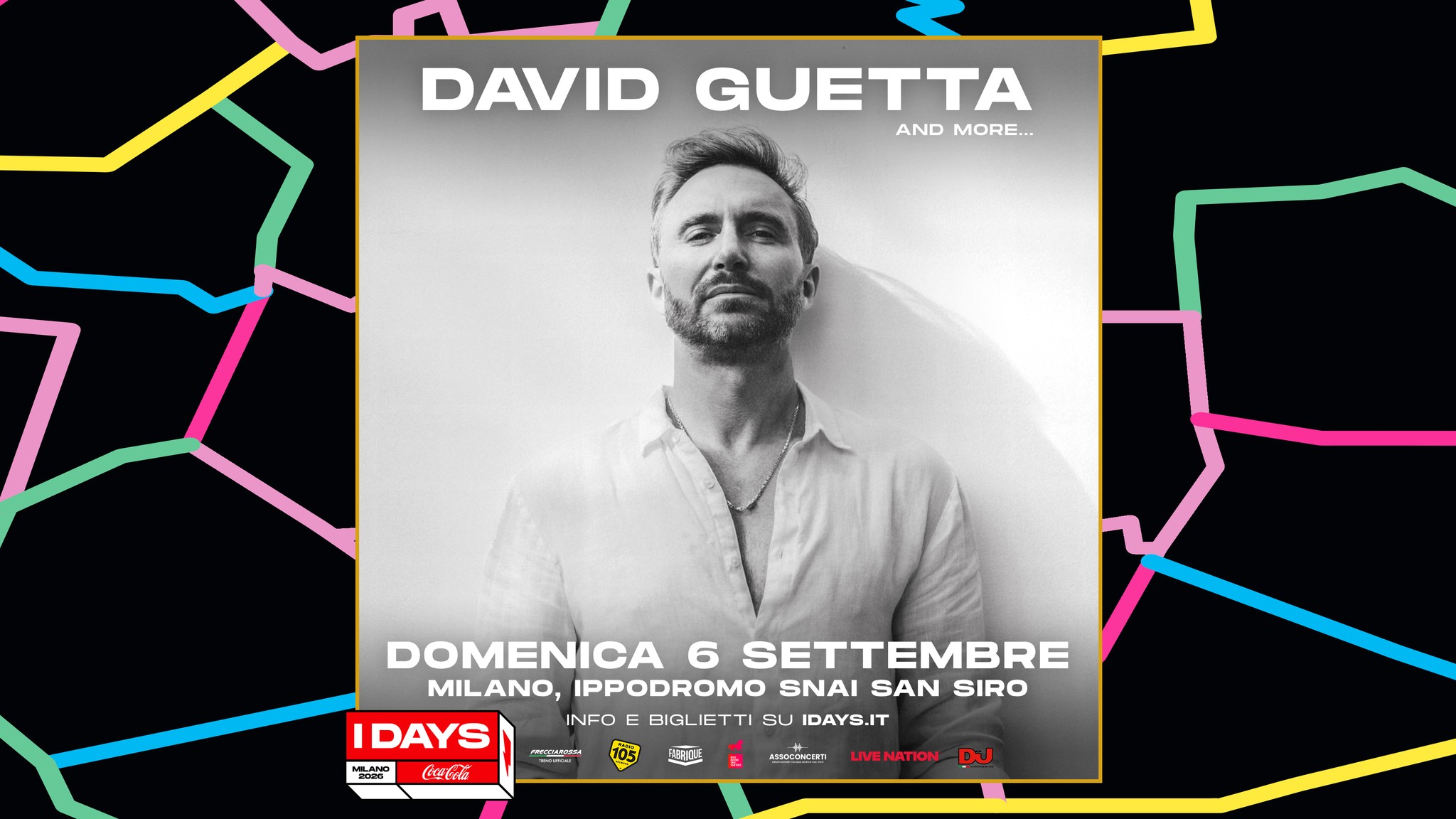 David Guetta @ I-Days Milano Coca-Cola 2026 Potrebbe essere un'immagine raffigurante mappa e testo
